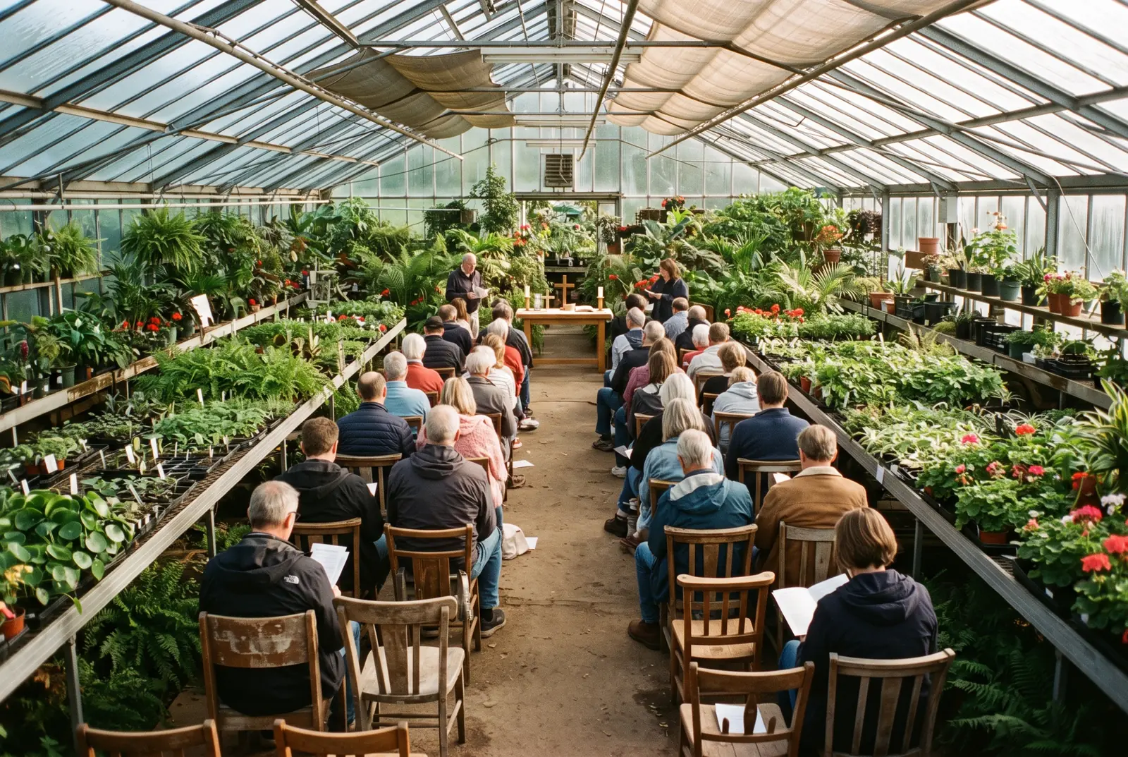 Rows of wooden chairs set between greenhouse growing tables full of plants, a congregation gathered toward a simple wooden table with a cross, morning light through the glass roof.