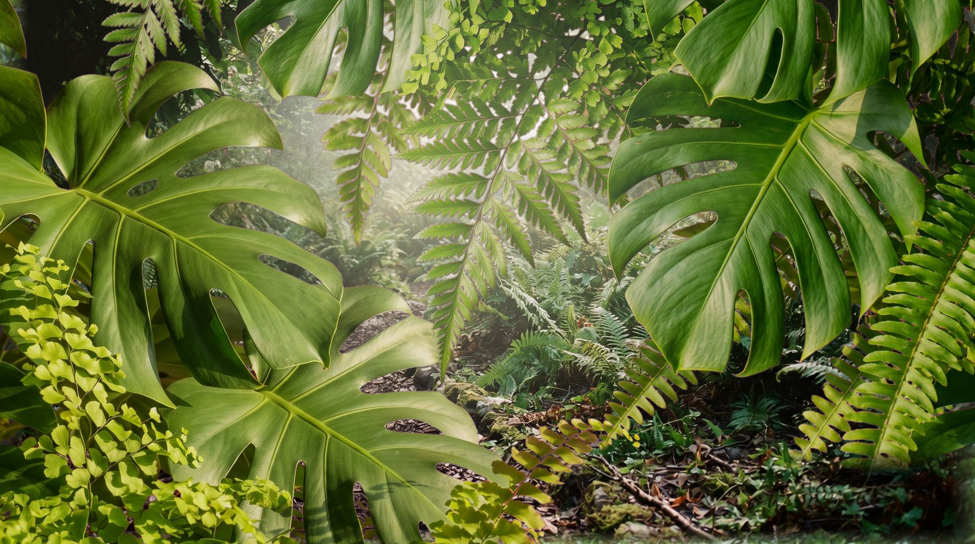 Layers of garden foliage — monstera and fern fronds framing a bright well of morning light falling into deep green.